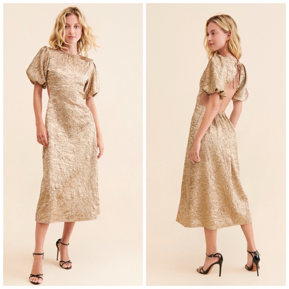 Lisa Says Gah Gwen Metallic Champagne Color Dress Midi Cut Out Open Back Large